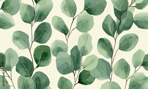 Seamless pattern of green eucalyptus leaves on cream background vector