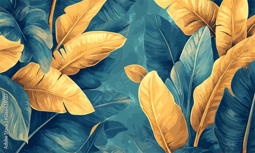 Tropical leaves in blue and gold on textured background – vector