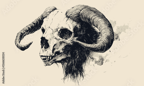 Detailed ram skull with smoke and beard in vintage style vector