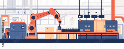 Robotic arm in modern factory assembly line with industrial equipment - vector