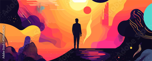 Silhouette of a man standing against a vibrant abstract sunset background - vector