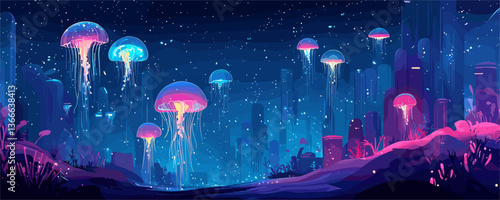 Colorful jellyfish floating in futuristic underwater city at night - vector