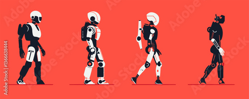 Futuristic robots on red background: modern technology icons vector
