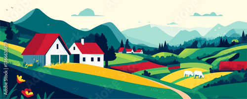 Picturesque countryside landscape with farmhouses and hills, morning light vector