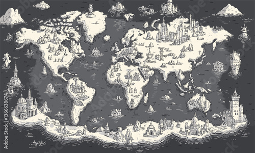 Fantasy world map with nautical and medieval elements, adventure theme - vector