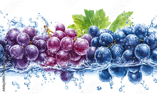 Fresh grapes in water splash with green leaves - vector