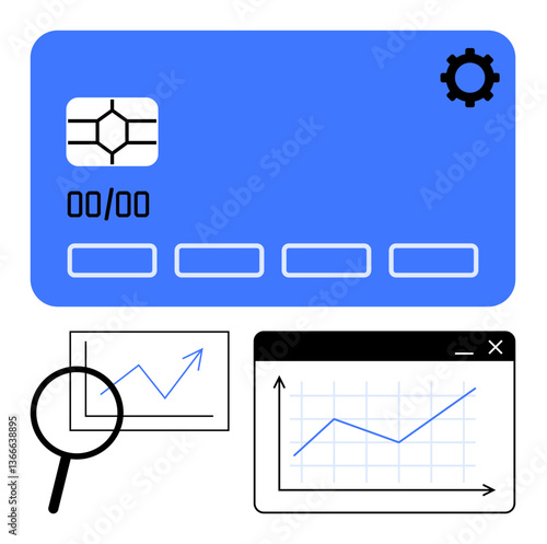 Digital payment chip card, magnifying glass analyzing data trends, and growth charts. Ideal for finance, data analysis, digital payments, fintech, business e-commerce banking. Flat simple metaphor