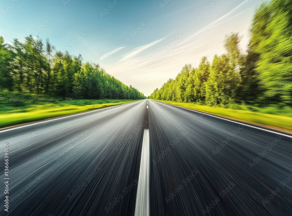 Driving on Highway Road Through Green Forest with Motion Blur Effect Driving on Highway Road Through Green Forest with Motion Blur Effect
