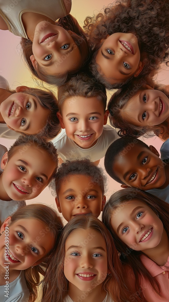 Diverse group of smiling children in circular formation with colorful background