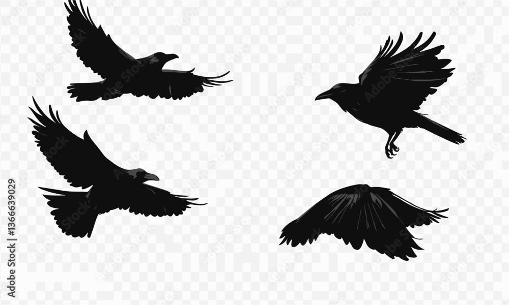 Obraz premium Flying ravens silhouette set on transparent background vector