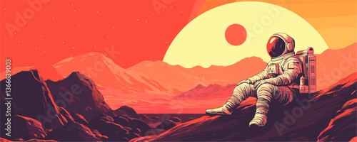 Astronaut relaxing on alien landscape with red sky and sun - vector