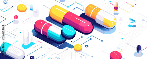 Colorful abstract capsules on futuristic circuit pattern background - vector