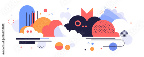 Abstract geometric cloudscape with colorful shapes and patterns, vector