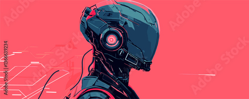 Futuristic cyborg with helmet and red background in sci-fi vector