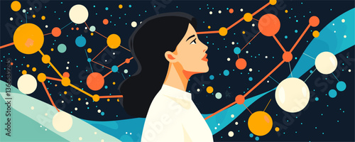 Woman gazing at cosmic connections amidst stars and planets - vector