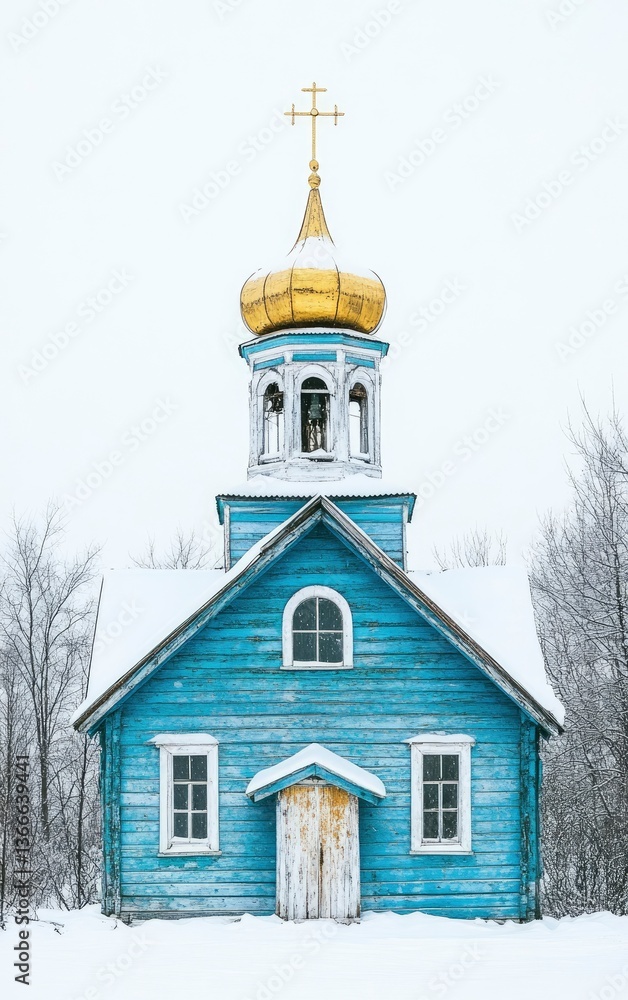 Old Blue Wooden Church with Golden Domes in Winter Landscape Old Blue Wooden Church with Golden Domes in Winter Landscape