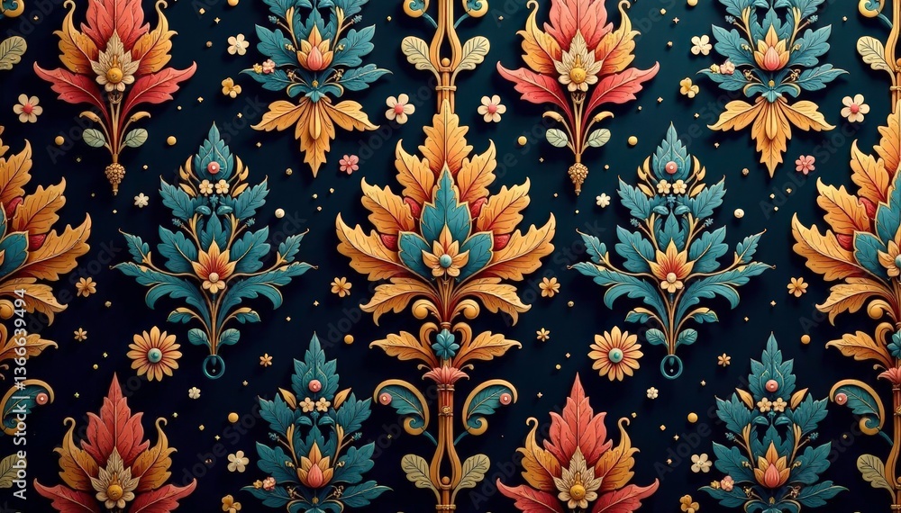 Intricate floral damask, opulent gold accents, backdrop, graphic Intricate floral damask, opulent gold accents, backdrop, graphic