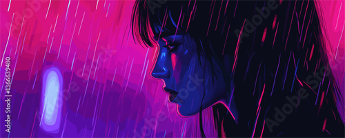 Moody woman in neon rain with intense profile view, dark hair - vector