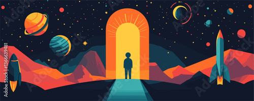 Futuristic astronaut exploring outer space with rockets and planets - vector