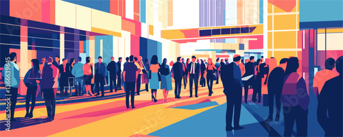 Busy urban street with crowds and skyscrapers in colorful abstract design - vector