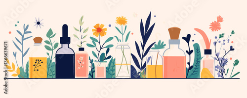 Herbal apothecary: bottles and plants in a natural arrangement vector