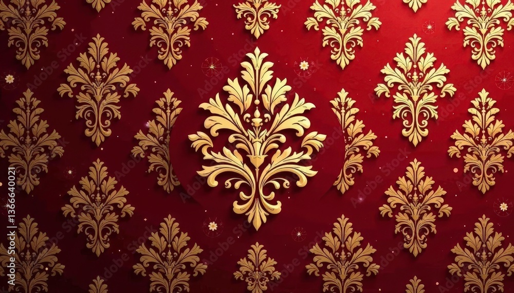 Intricate floral damask pattern in rich gold and burgundy , texture, background Intricate floral damask pattern in rich gold and burgundy , texture, background