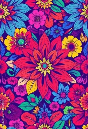 Vibrant, intricate floral pattern in rich hues, seamlessly repeating, art, pattern