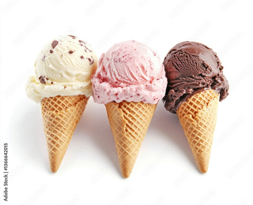 Three Ice Cream Cones Flavors on White Background Summer Treat Three Ice Cream Cones Flavors on White Background Summer Treat