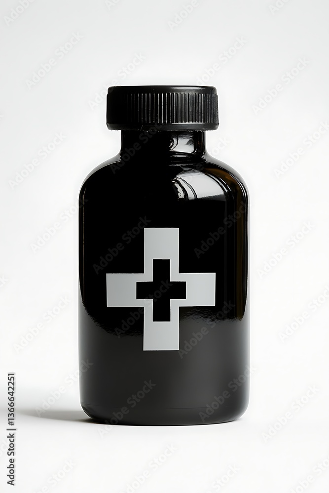 A medicine bottle symbolizing health, black-filled on white A medicine bottle symbolizing health, black-filled on white