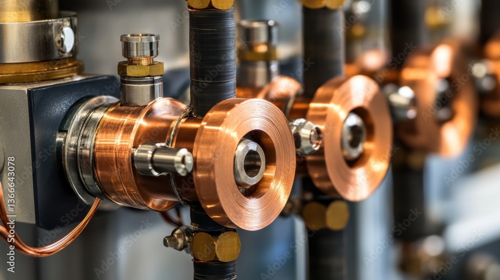 A close-up of an electric generator with its copper coils and rotor assembly. A close-up of an electric generator with its copper coils and rotor assembly.