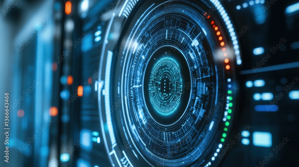 A close-up of a futuristic biometric security system powered by AI. A close-up of a futuristic biometric security system powered by AI.