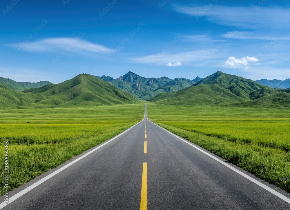 Fototapeta premium Driving on Empty Road Through Green Fields Towards Distant Mountains