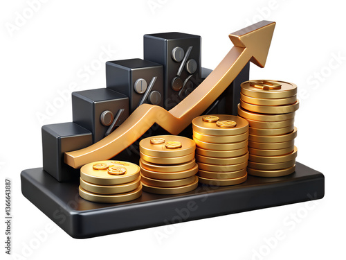 Golden arrow rising over stacks of coins and blocks with percentage signs showing financial growth , representing financial growth and investment, and economic success transparent background