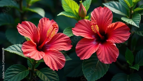 Intricate hibiscus blossoms, vibrant hues, lush leaves , element, green