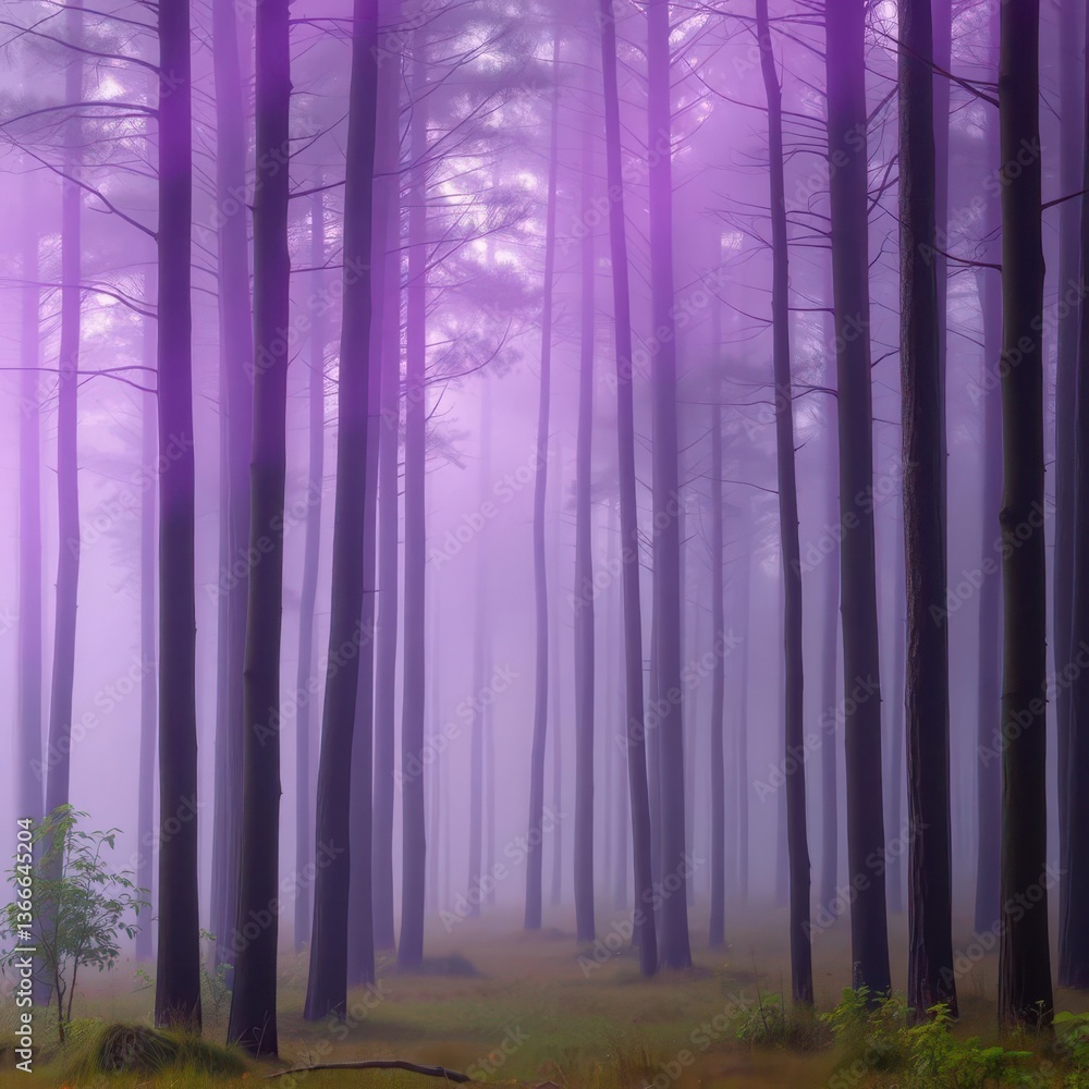 Obraz premium Purple mist swirls through tall trees, ethereal forest scene, trees, enchanted