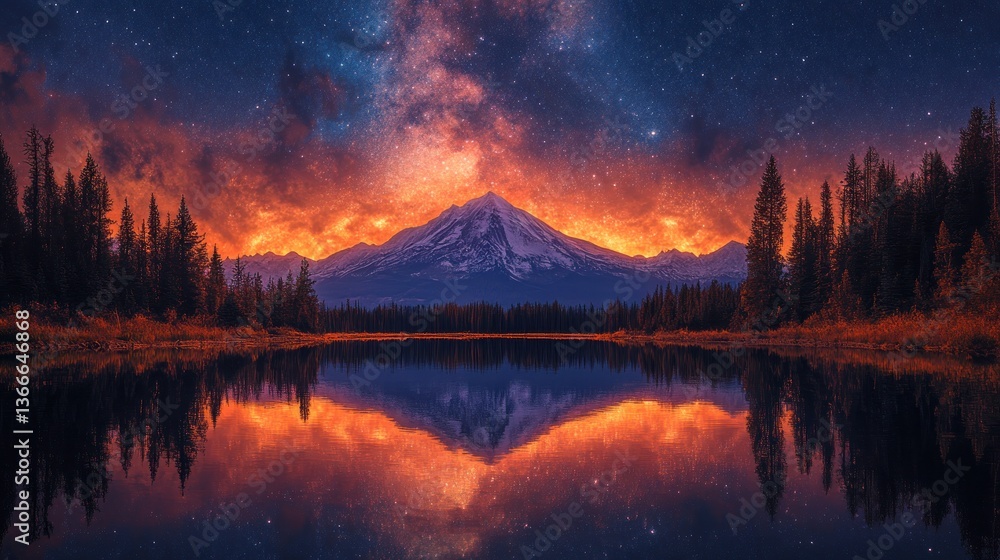 Nightfall Serenity: Majestic Mountain Reflected in a Tranquil Lake Under a Starry Sky Nightfall Serenity: Majestic Mountain Reflected in a Tranquil Lake Under a Starry Sky