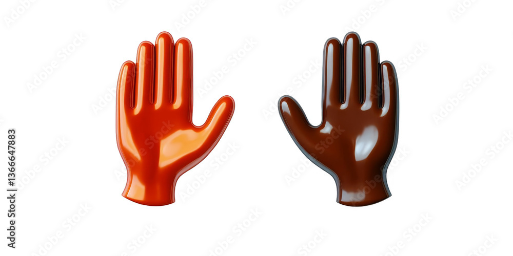 Obraz premium 3D Render of Two Glossy Hands in Red and Brown Colors on Black Isolated
