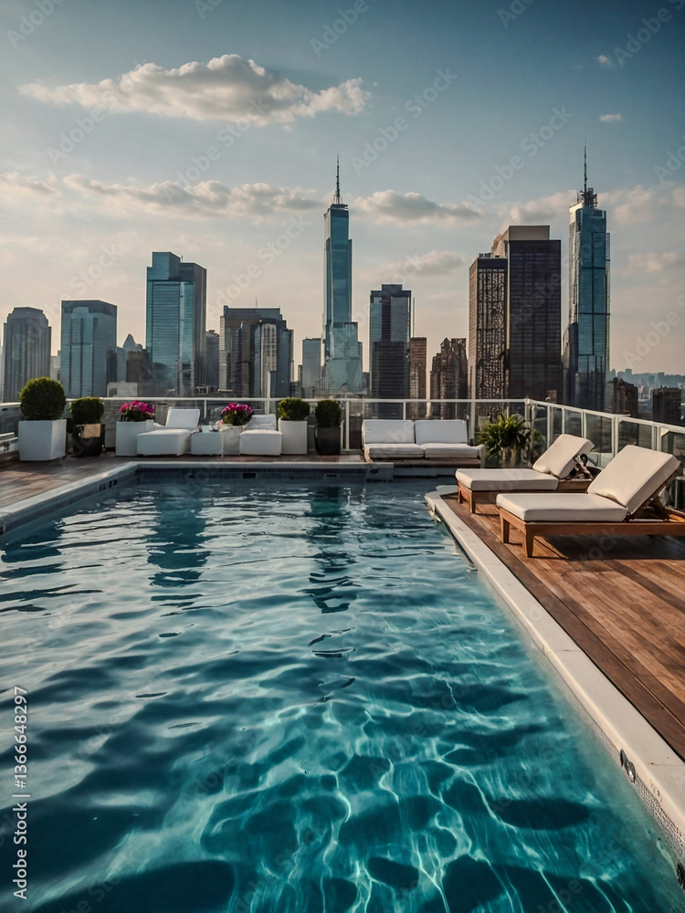 Fototapeta premium Chic rooftop pool party with city skyline views