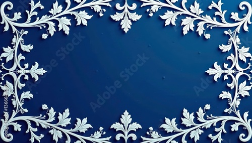 Intricate white floral damask on navy blue, delicate scrollwork , background, floral