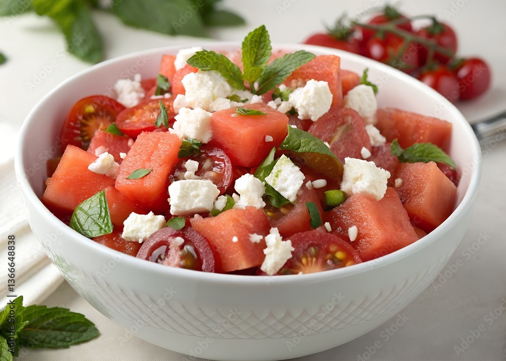 Watermelon salad with feta cheese, tomatoes and mint in a bowl Watermelon salad with feta cheese, tomatoes and mint in a bowl