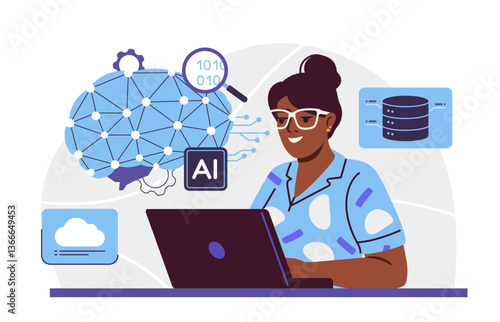 A woman works on a laptop with AI, cloud, binary, and database icons around her, in a flat graphic style, on a white background. Concept of artificial intelligence. Vector illustration