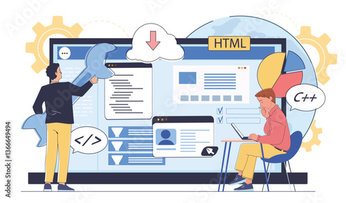 Two developers interact with coding elements on a large screen, surrounded by icons and charts, on a white background. Concept of programming and web development. Vector illustration