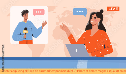 Female news anchor in studio talking to male field reporter via video call, flat graphic style, light background with map, concept of live news reporting. Vector illustration