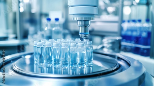 A robotic arm in a biopharmaceutical laboratory, mixing chemical solutions for vaccine production, Medical-tech style