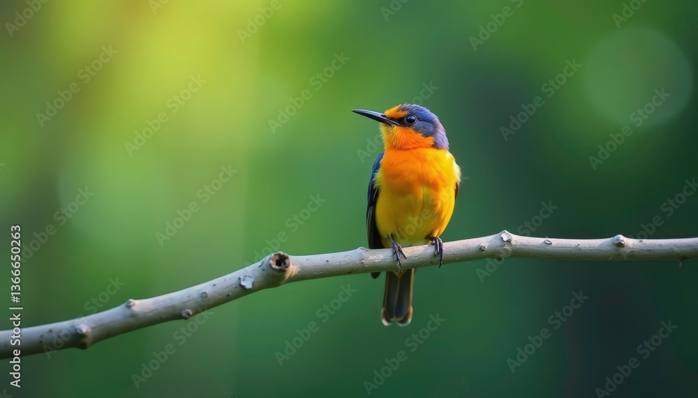 Fototapeta premium Lone, brightly colored bird on a white branch, solitary, single
