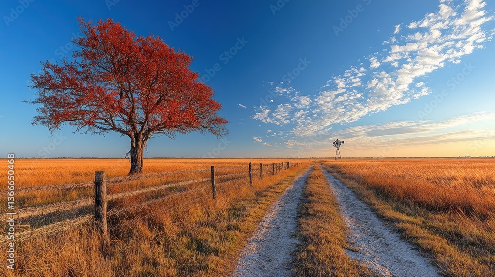 Naklejka premium Serene Autumn Countryside Landscape with Vibrant Red Tree