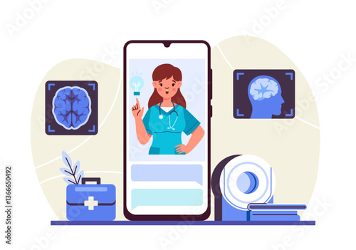 Female doctor on smartphone screen giving advice, surrounded by brain scan icons, MRI machine and medical kit, on light background. Concept of neurology. Vector illustration