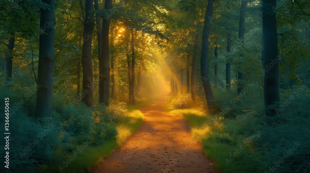 Fototapeta premium Serene forest path illuminated by sunlight through lush green trees