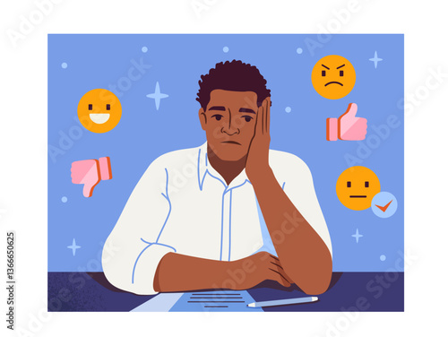 A confused man sitting at a desk surrounded by various emoji expressions and feedback symbols on a blue background. Concept of decision making. Vector illustration