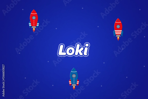 Loki male boy name illustration in blue with rockets.